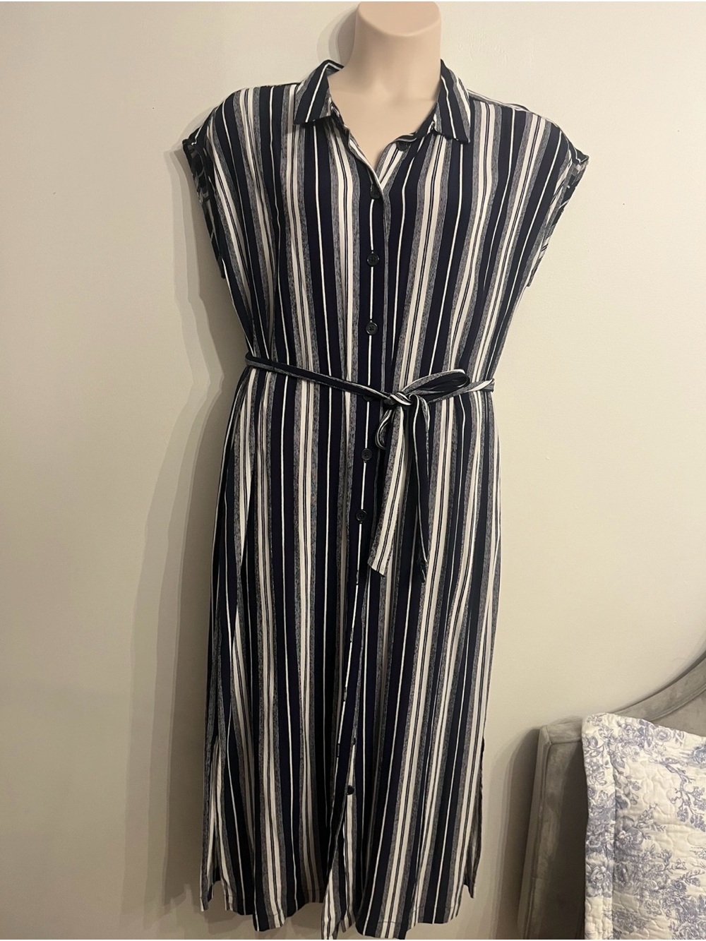 Ricki's Navy & White Striped Button-Front Midi Dress with Tie Belt